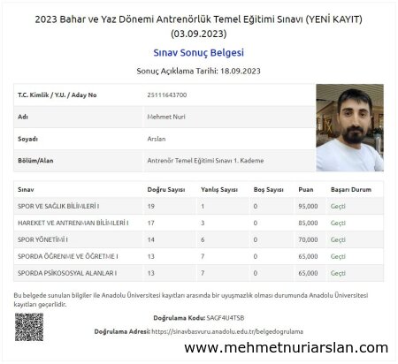 Bugün 1.Kademe Antrenörlük Sınavım Açıklandı!